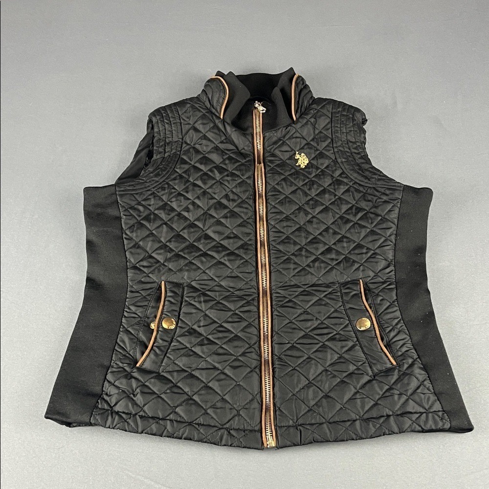 U.S. Polo Assn. Quilted Vest Womens Small Black Equestrian Gold Zip